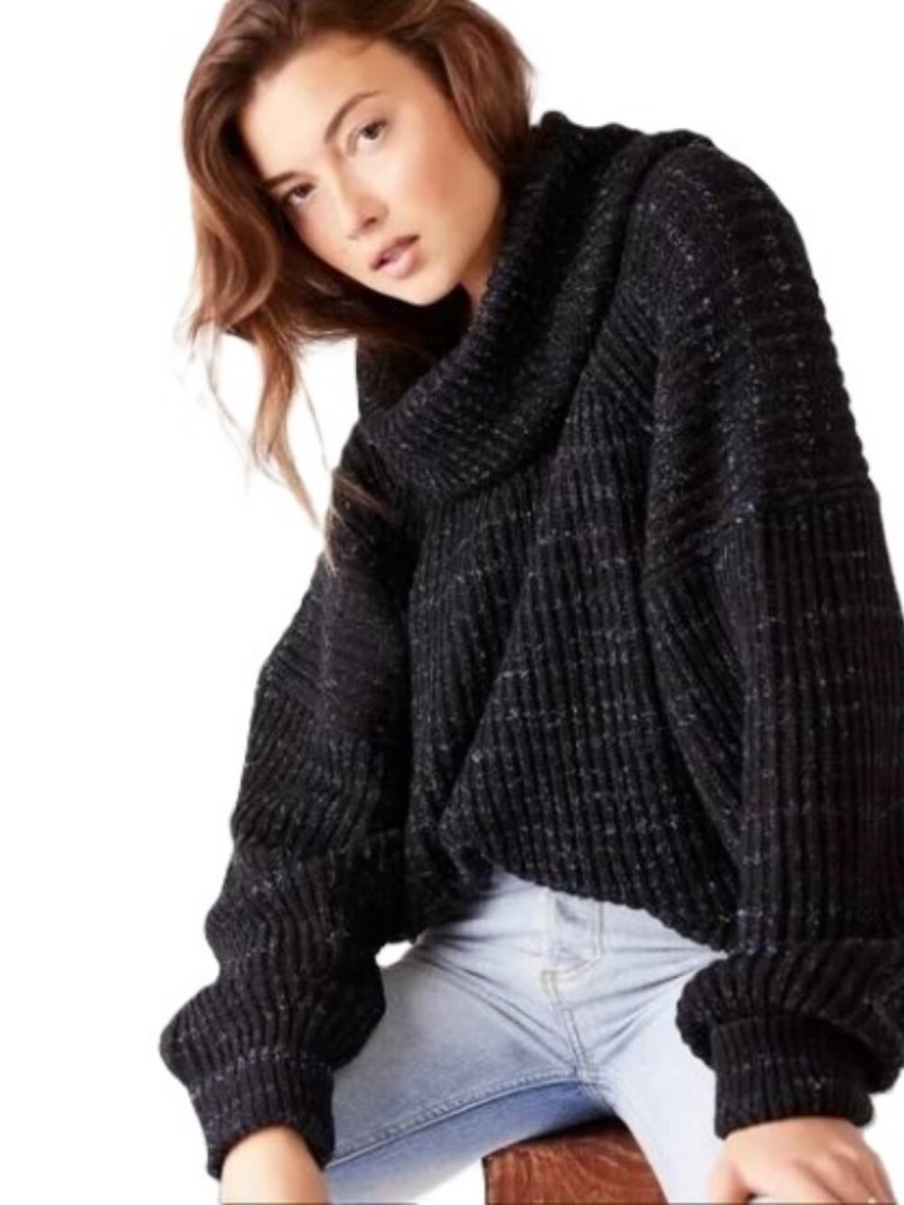 Free People XS Womens Leo Blacklight Party Cowl Neck Turtleneck Sweater Black